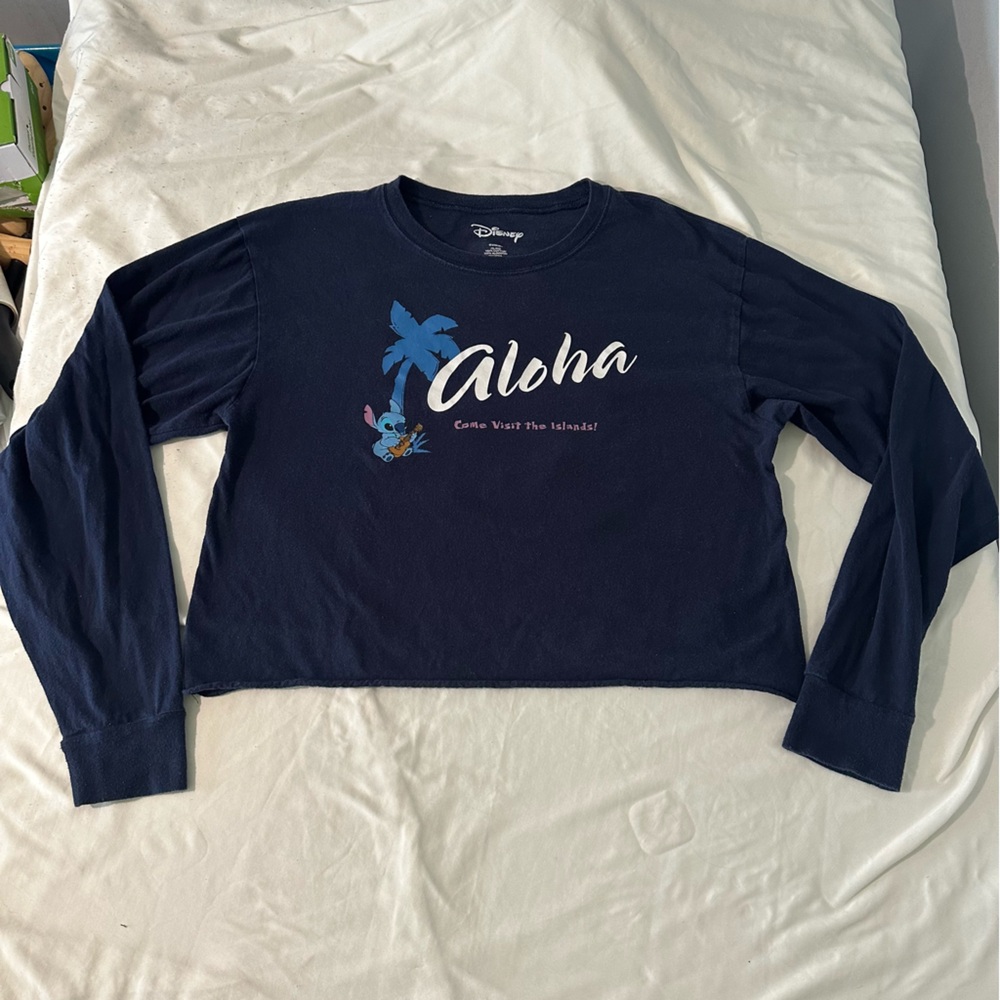 DISNEY Teen XL Lilo & Stitch Aloha Navy Crop Top Shirt Long Sleeve Cotton